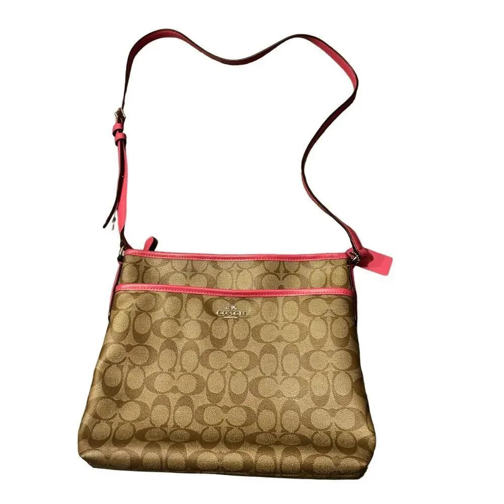 Pink and Brown Coach Signature Zip File Crossbody Bag